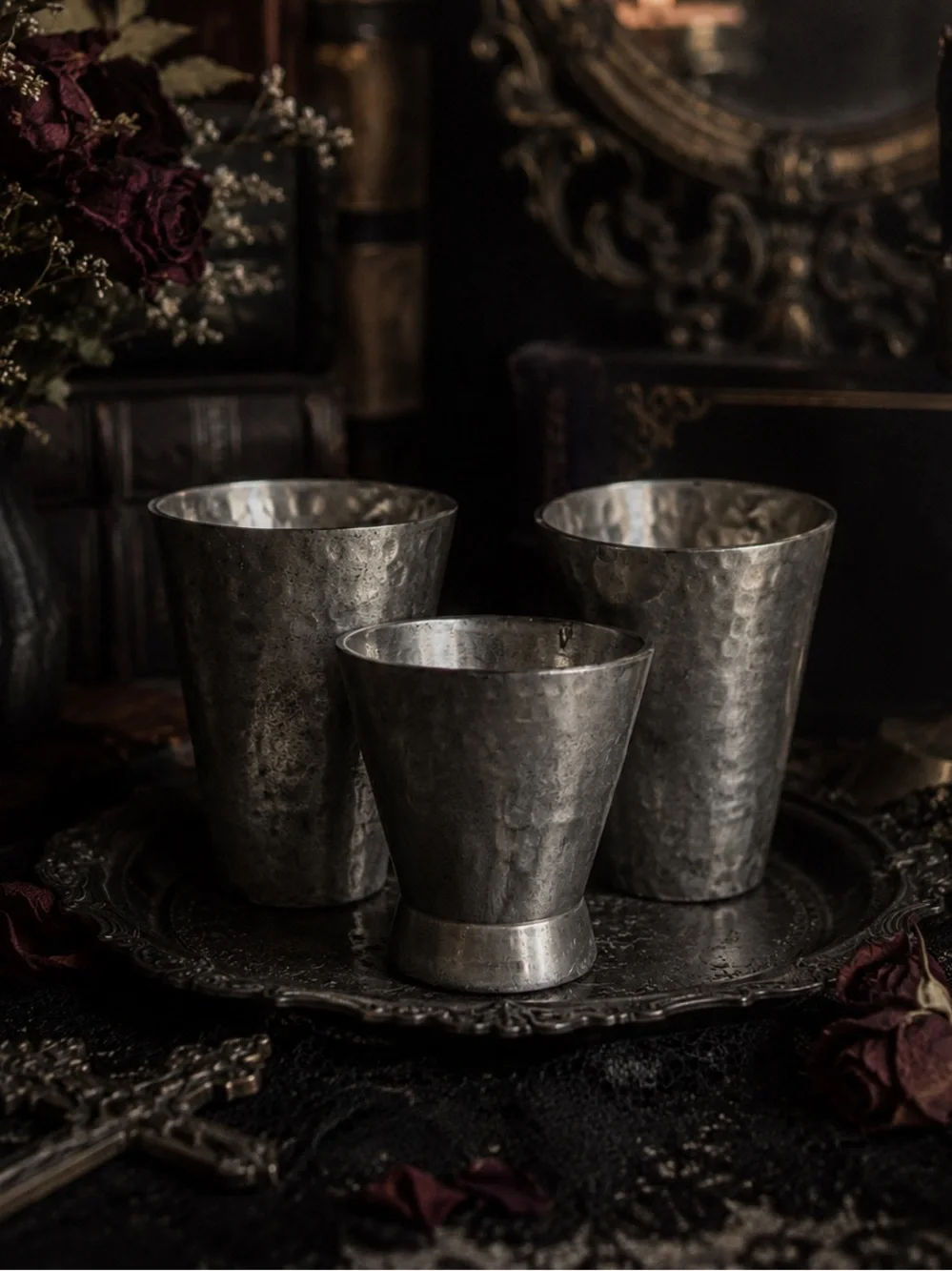 Nousaku Hammered Thick Heavy Metal Cups Trio - Silver Tone